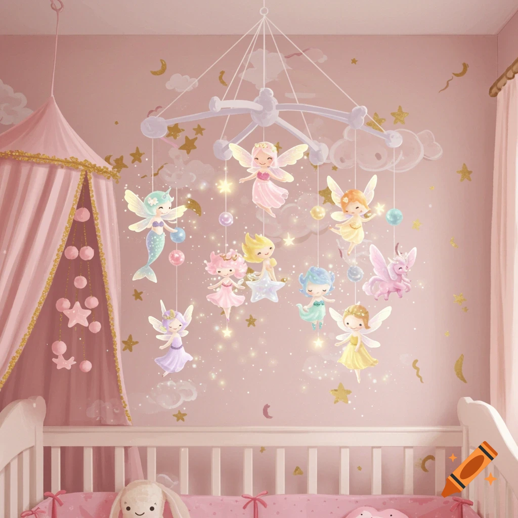 A colorful baby mobile with fairies and mythological creatures hangs above a crib in a pink nursery with star decals.