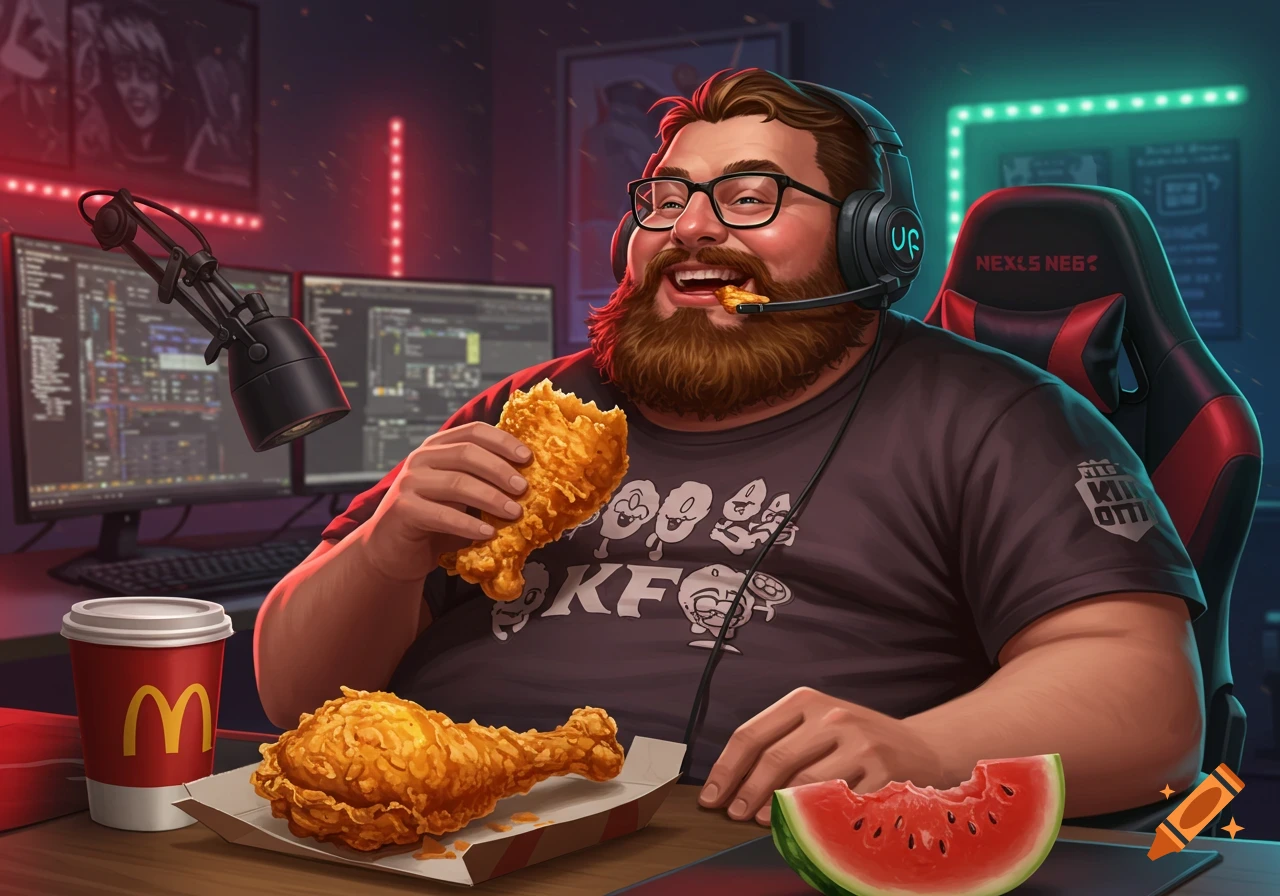 A bearded man wearing headphones eats fried chicken in a gaming room with monitors, a McDonald's cup, and watermelon.