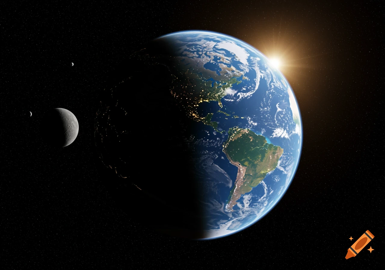 Photorealistic view of Earth from space, with city lights visible on the night side, the Moon in orbit, and the sun rising over the horizon.