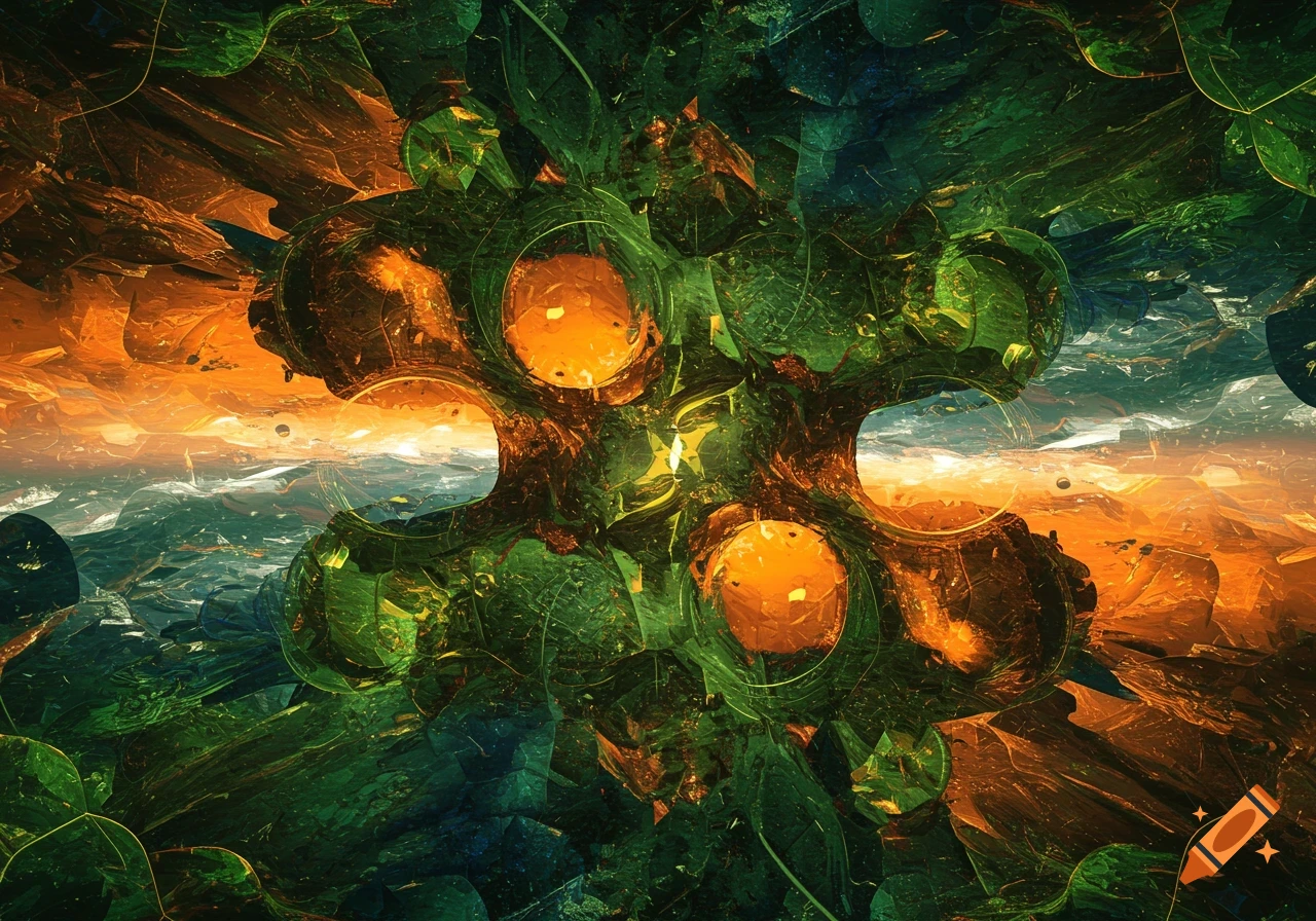 Vibrant abstract digital art with green geometric shapes and reflective spheres showing an orange sunset landscape and blue water.
