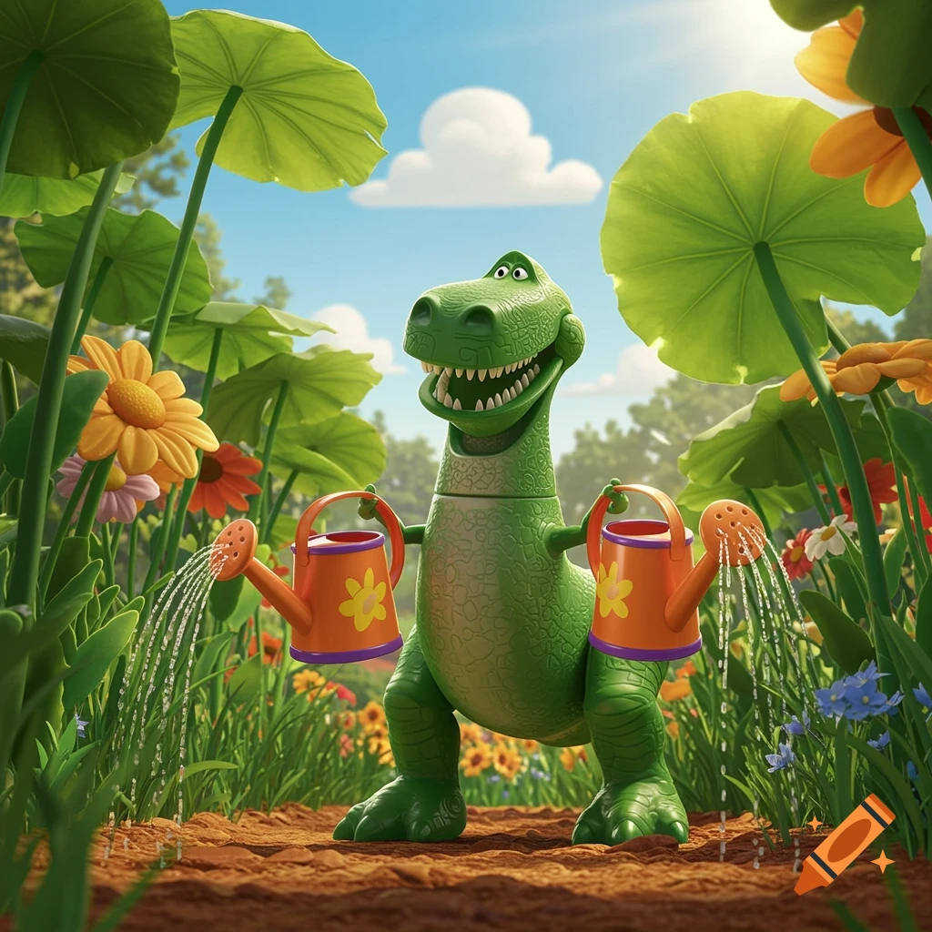 Rex the green dinosaur from Toy Story waters colorful flowers in a lush garden with two orange watering cans, in a vibrant CGI style.