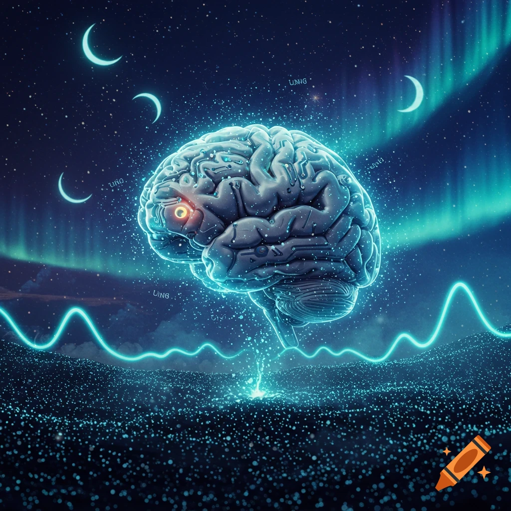 An ethereal blue brain glows brightly in a dark, star-filled cosmic sky with aurora borealis and crescent moons, connected by glowing lines to a field of sparkling particles.