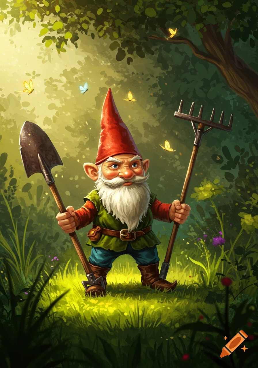 A cheerful garden gnome with a white beard and red hat holds a shovel and a rake in a lush, sunlit forest.