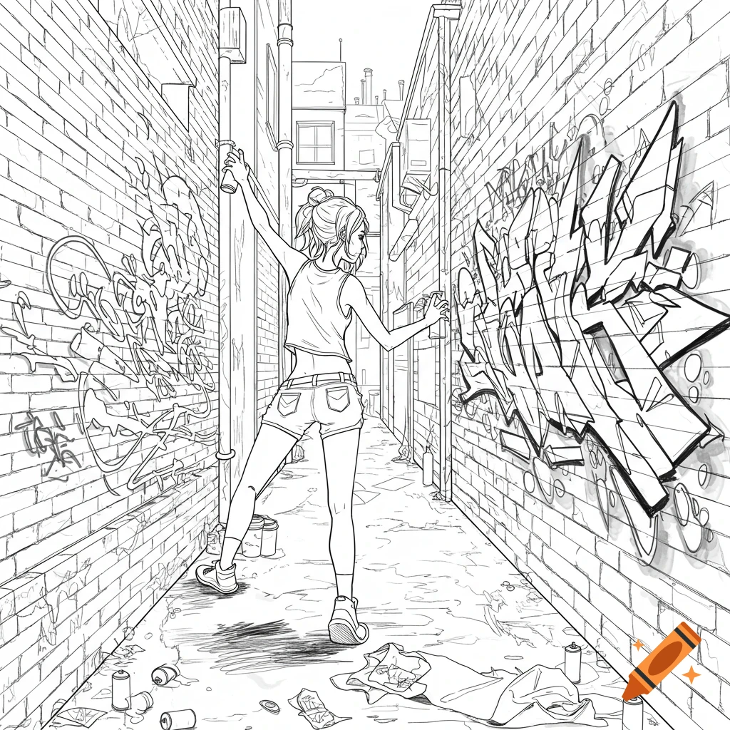 Black and white line drawing of a girl spray painting stylized graffiti on a brick wall in an alleyway.