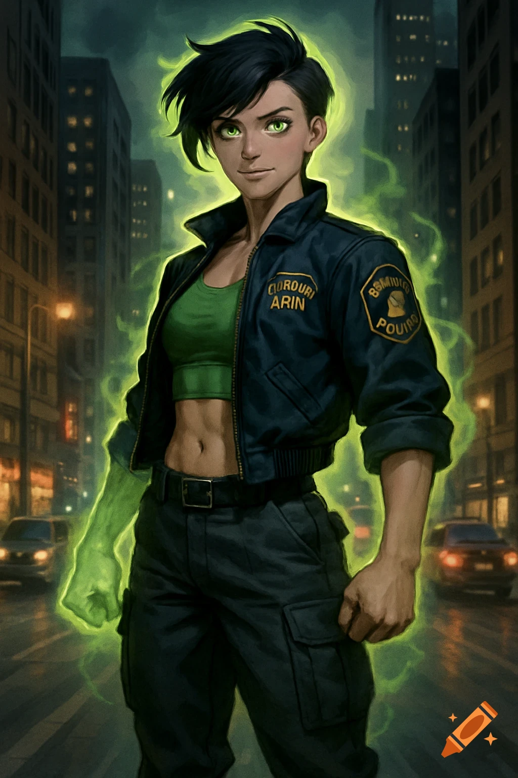 A woman with short dark hair and green eyes stands in an urban street, wearing a blue police-style jacket, green crop top, and charcoal cargo pants, with green energy radiating around her and from her left arm.