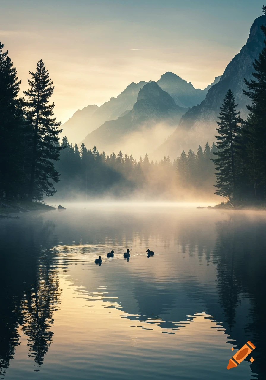 Four ducks swim across a misty lake at sunrise with reflections of pine trees and mountains in the background.