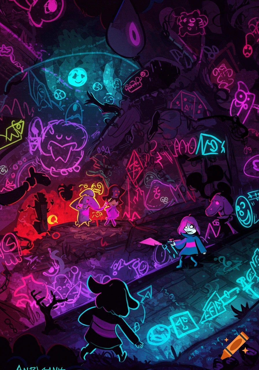 Stylized neon fan art of Deltarune characters, including Frisk and another figure, in a dark, glowing landscape filled with abstract symbols.
