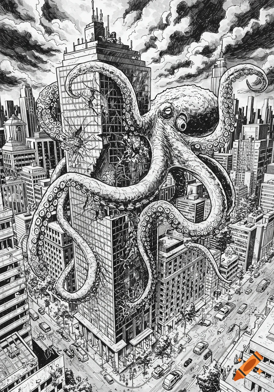 Black and white comic book illustration of a giant octopus attacking a city, its tentacles wrapped around a building.