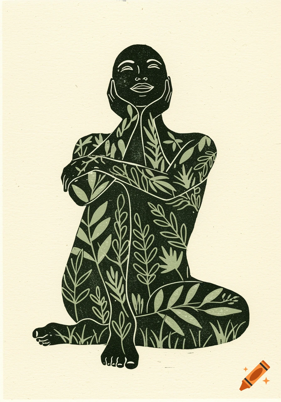 A minimalist lino print illustration of a serene person, composed of dark green plant silhouettes against a cream background, seated with knees up.