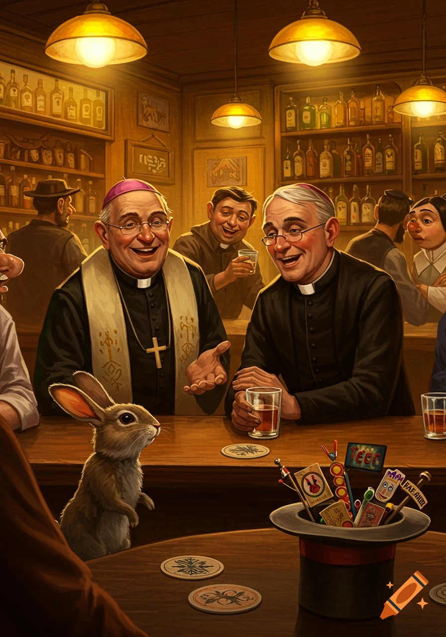 A smiling priest, a minister, and a rabbit are gathered at a wooden bar counter in a warm, lit pub.