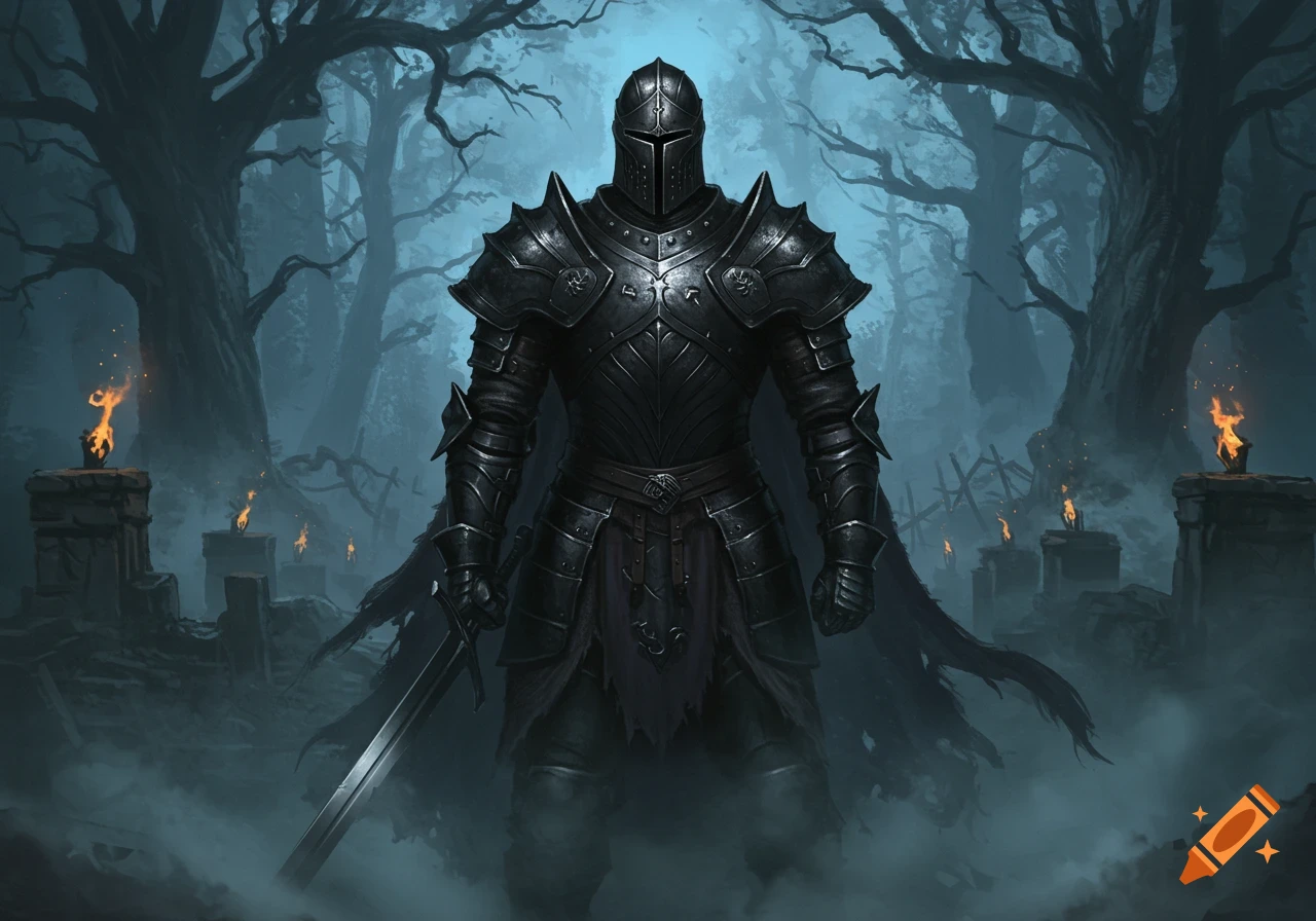 A dark knight in full black armor stands with a sword in a misty, eerie forest with torch-lit ruins.