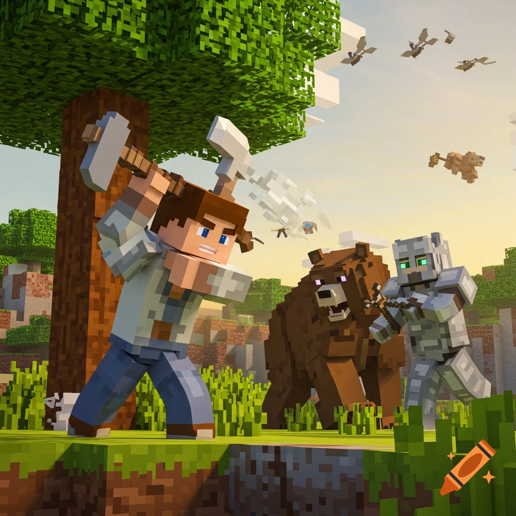 A blocky character mines a tree while a knight in iron armor battles a bear in a Minecraft-style world.