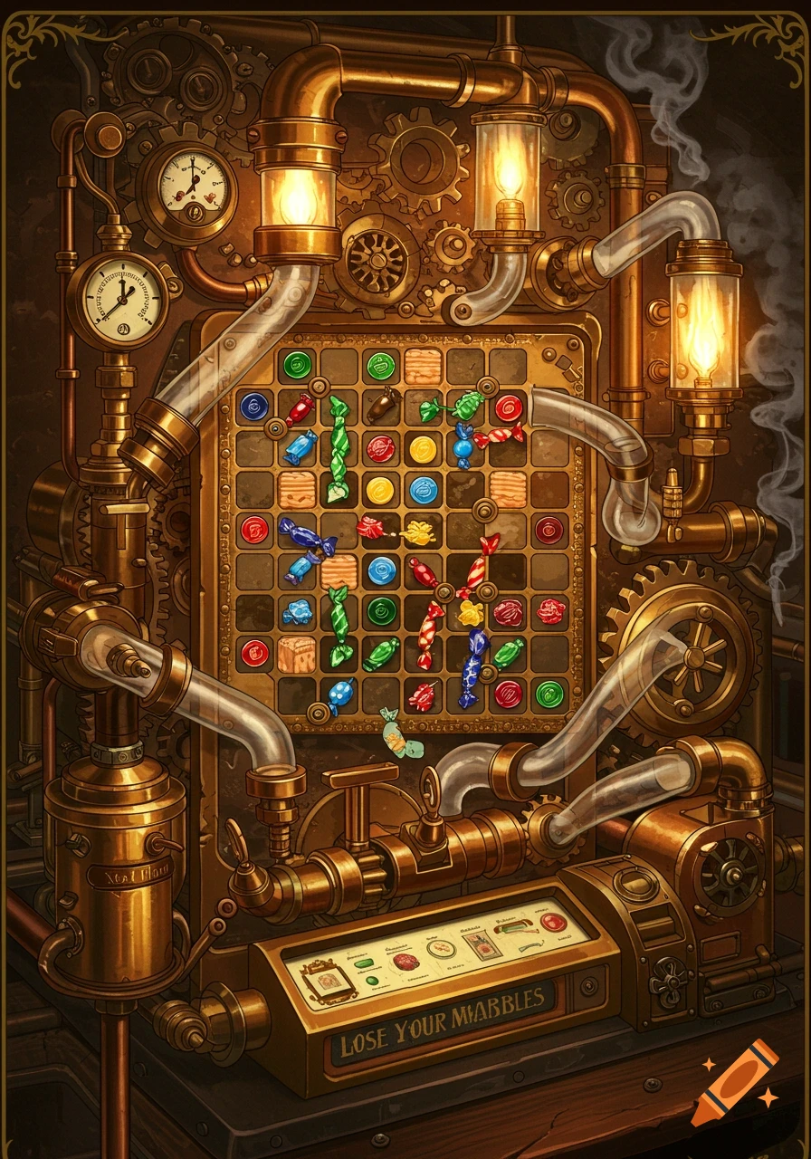 A steampunk game board with gears, pipes, gauges, and a grid of colorful candies. The control panel reads 'LOSE YOUR MARBLES'.