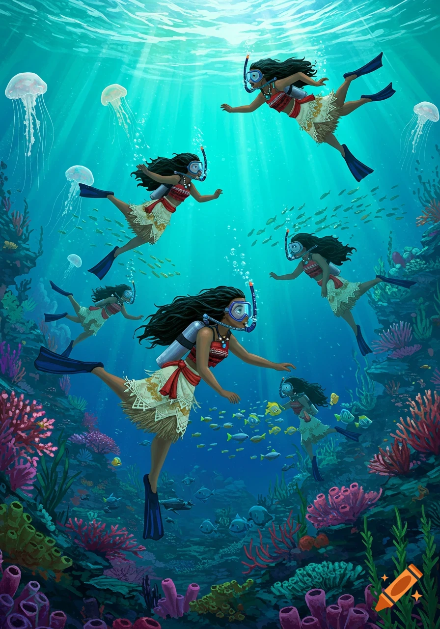 Cartoon Moana-like characters scuba diving in a vibrant underwater coral reef with fish and jellyfish.