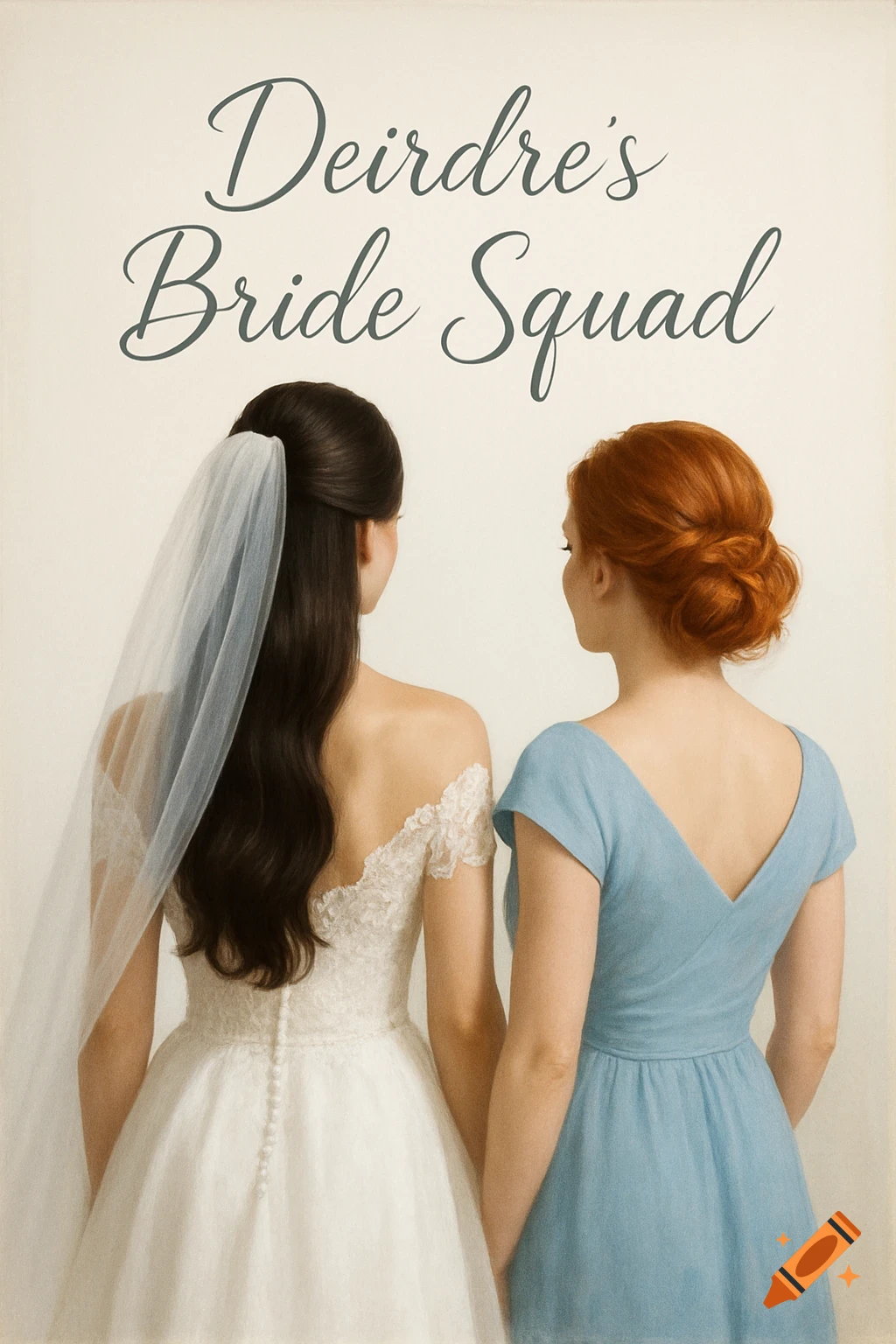 Bride with dark hair and bridesmaid with red hair, seen from back, with text 'Deirdre's Bride Squad'.