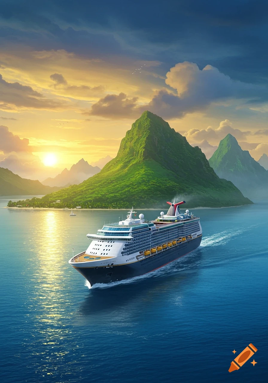 A large cruise ship sails on calm blue water towards tropical islands at sunset.