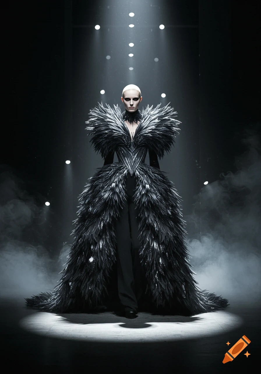 A person in a dramatic, dark black feather gown stands on a runway illuminated by spotlights and smoke.