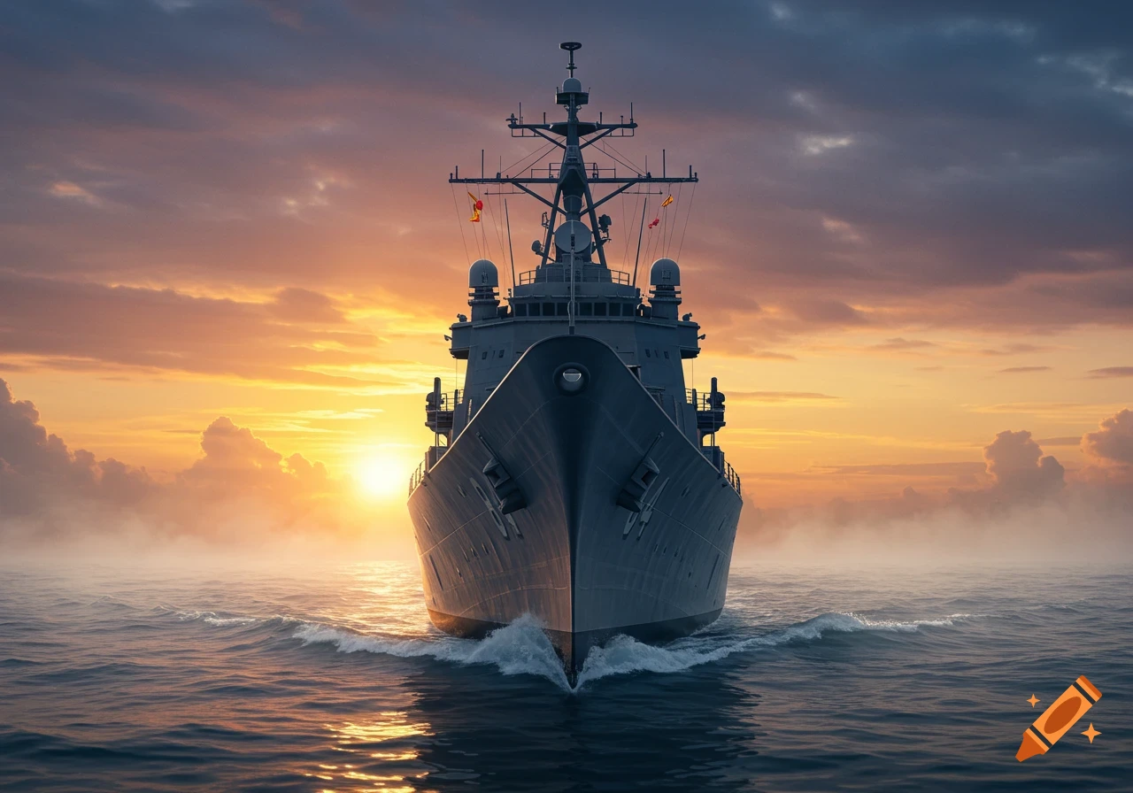 A large grey navy ship sails directly towards the viewer on a calm sea, silhouetted against a vibrant orange and purple sunrise.