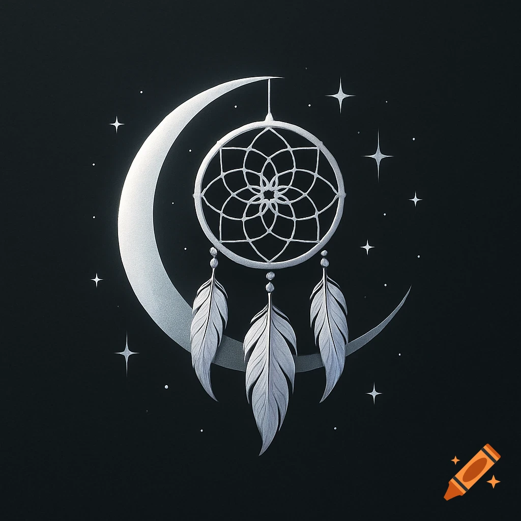 A silver dreamcatcher with three feathers hangs from a crescent moon, surrounded by stars, against a dark, minimalist background.