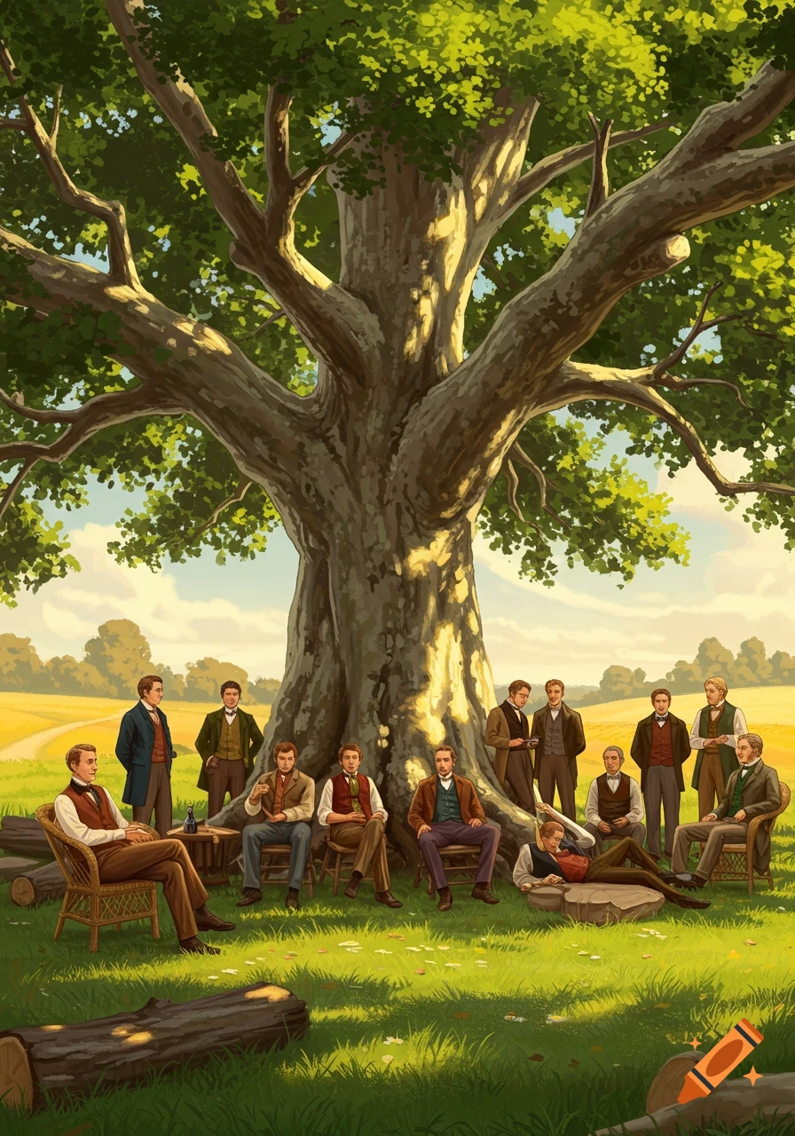 A group of men in 19th-century attire sit and stand under a massive tree in a sunny, grassy field.