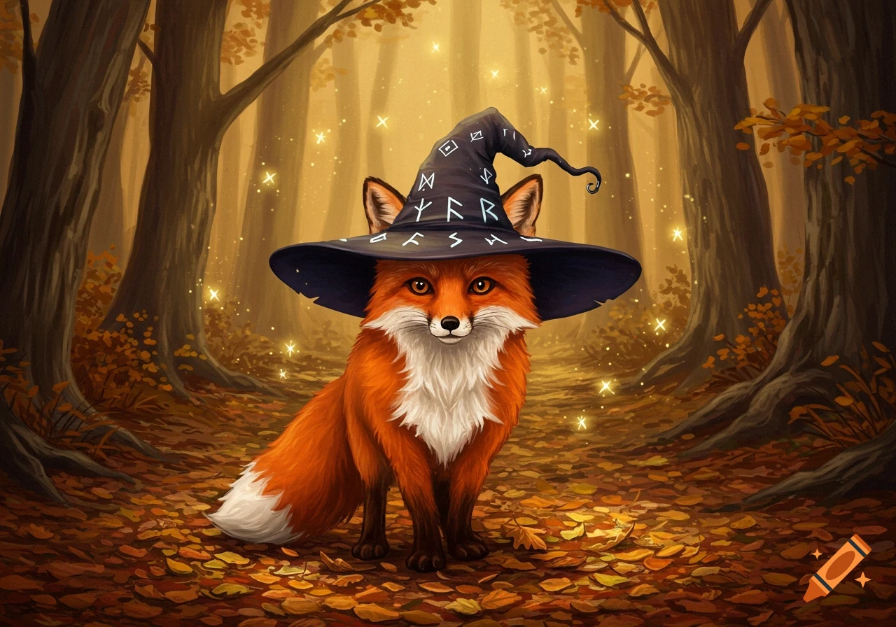 A cute fox wearing a black wizard hat with runes stands in an autumn forest with sparkling lights.