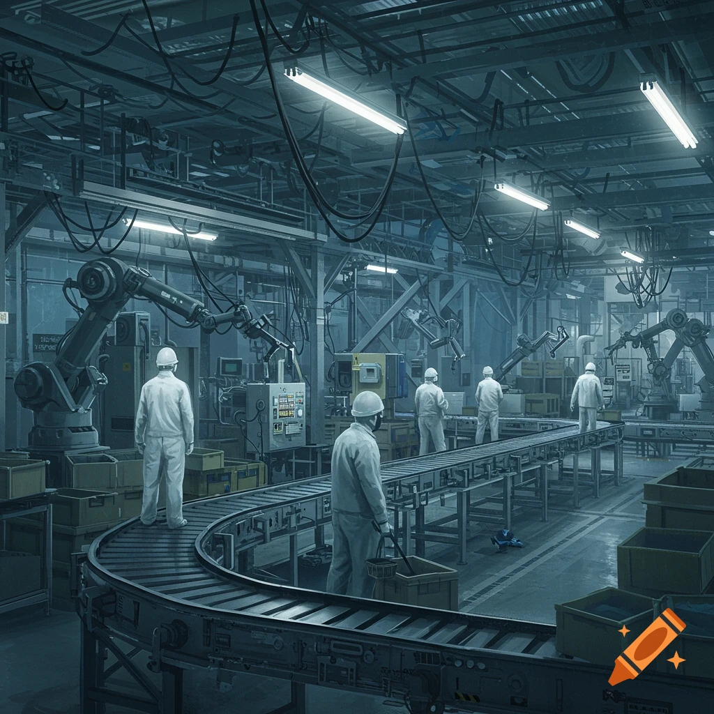 Workers and robotic arms on a conveyor belt assembly line in a dimly lit, futuristic factory.