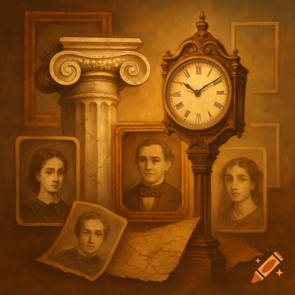 A vintage still life painting featuring antique framed portraits of people, a classical pillar, an ornate clock, and old paper on a warm, earthy background.