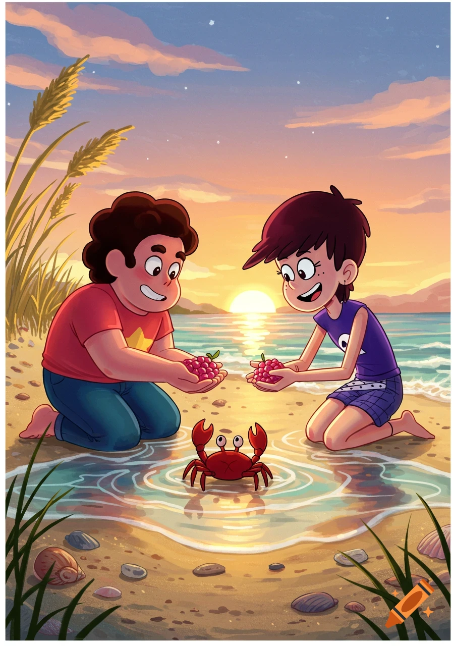 Steven Universe and Luna Loud kneel on a sunset beach, offering berries to a red crab in the shallow water.