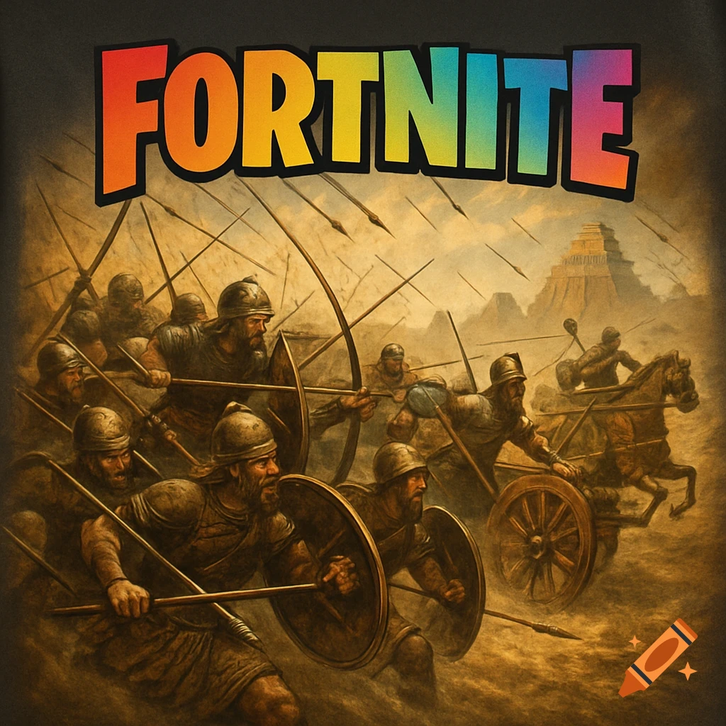 Ancient Mesopotamian battle scene with soldiers, archers, and a chariot under a colorful FORTNITE logo overlay.
