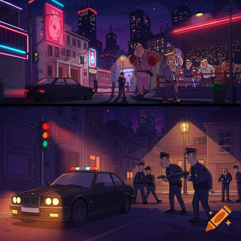 Cartoon night city street with neon lights, police officers, a black car, and a boxing match.