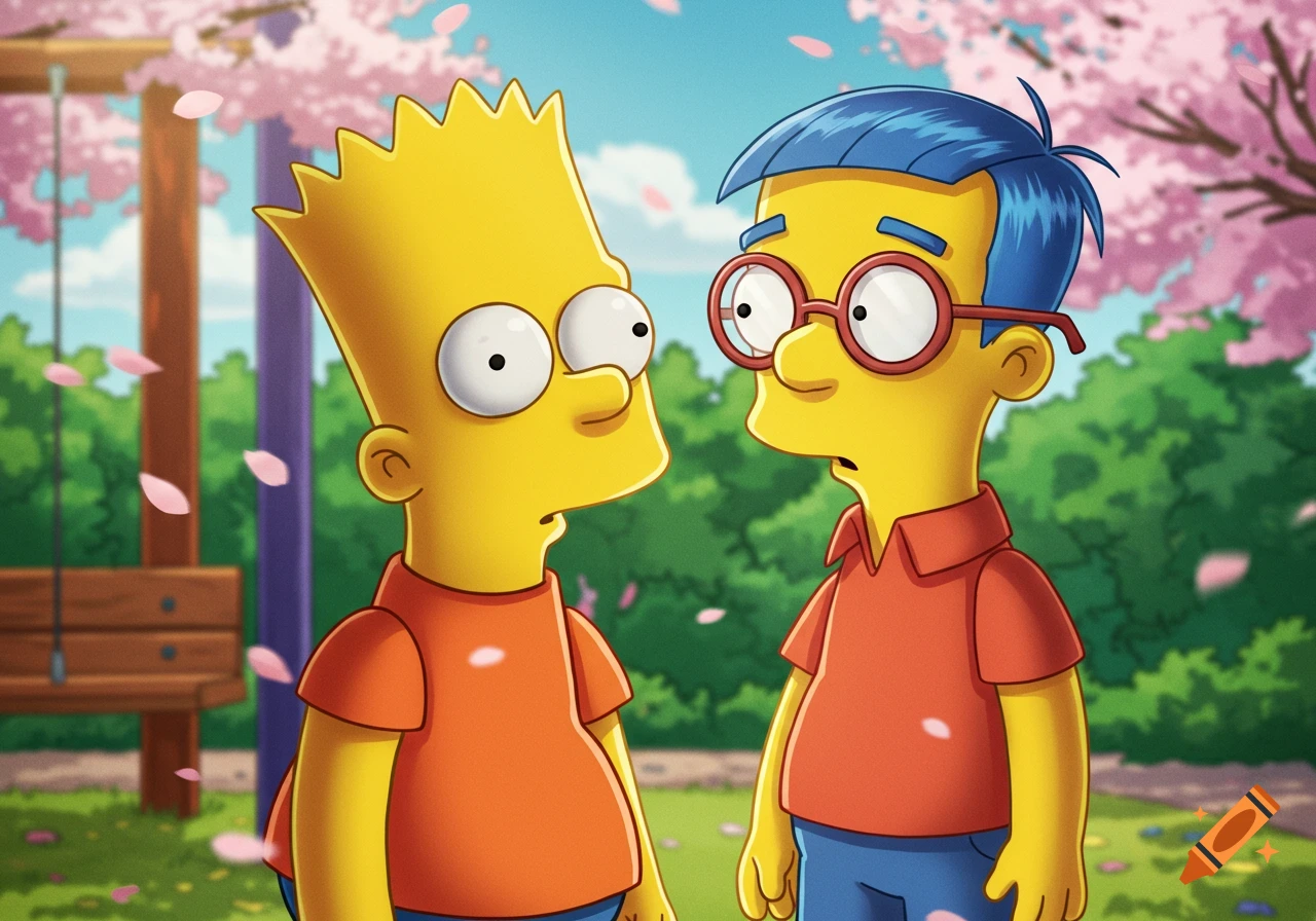 Cartoon characters Bart Simpson and Milhouse stand together outdoors with cherry blossoms falling around them.