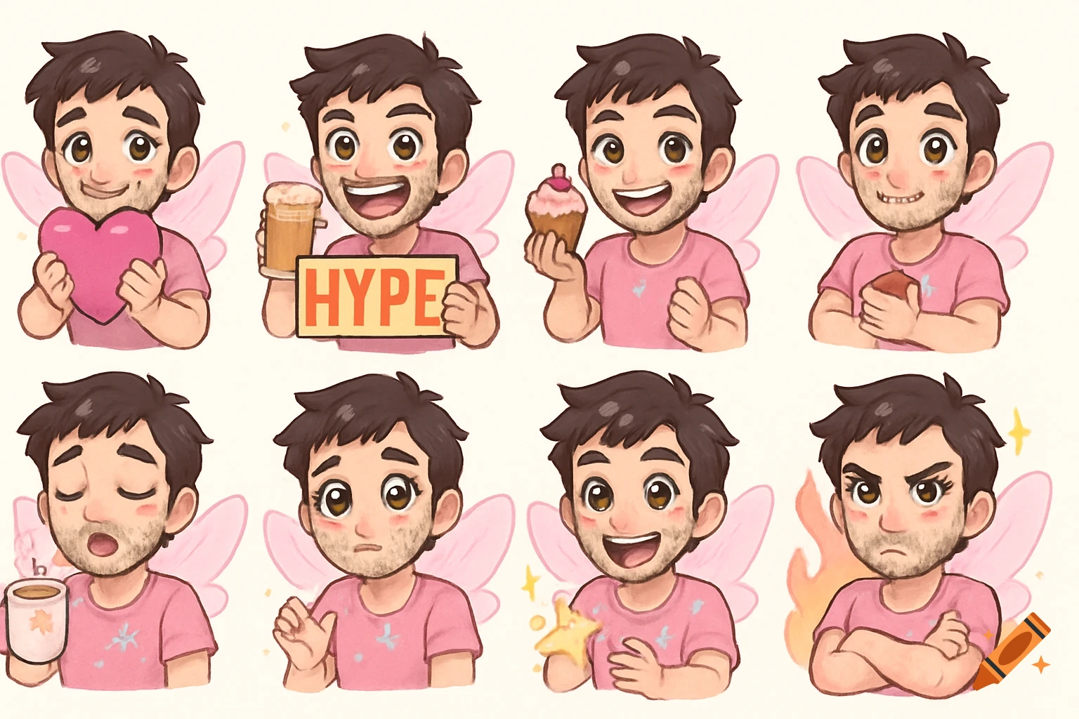 Eight cartoon emotes of a man with dark hair, stubble, pink shirt, and pink fairy wings, showing various expressions like holding a heart, a 'HYPE' sign, a cupcake, yawning with a mug, or looking angry.