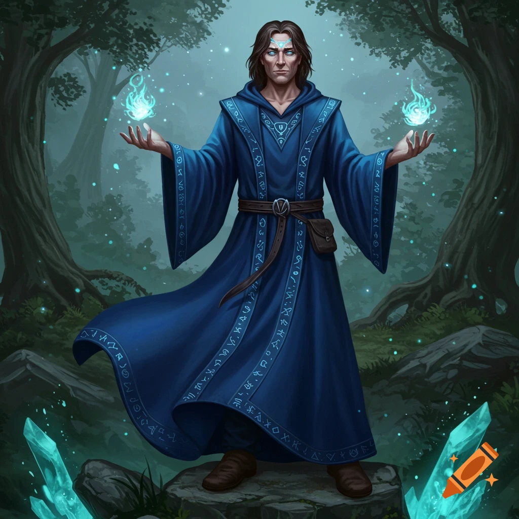 A brown-haired wizard in a blue robe stands on a rock in a mystical forest, holding two glowing blue flames.