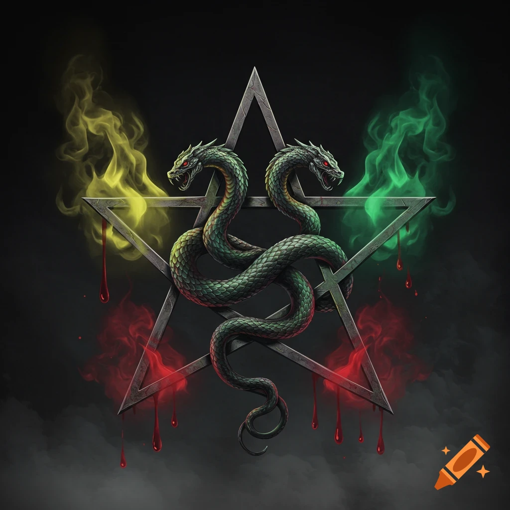 A two-headed green serpent entwined around a gray pentagram, with yellow and green smoke rising and red blood dripping against a dark background.