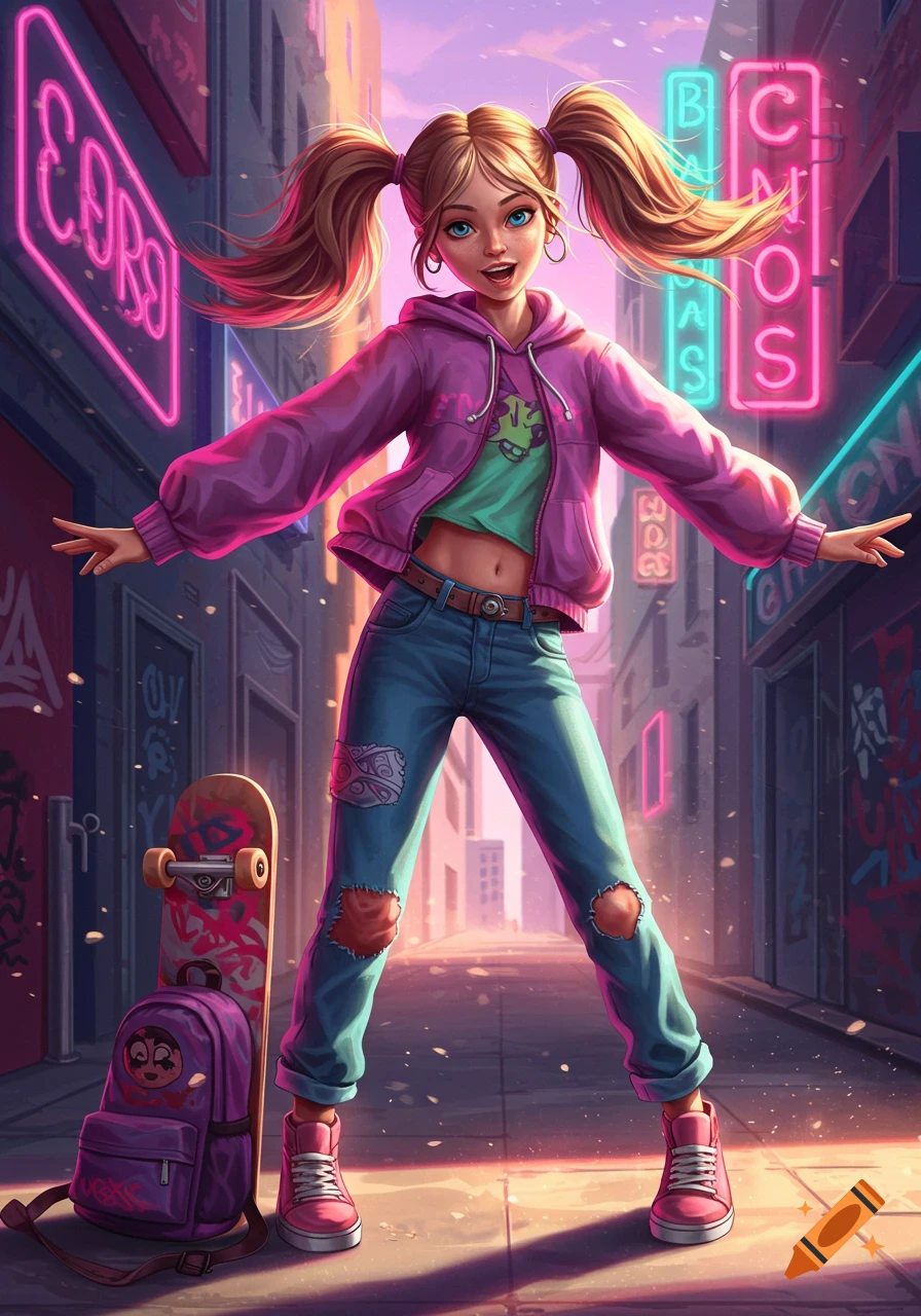A vibrant cartoon of a blonde teen girl with pigtails and blue eyes, wearing a pink hoodie and ripped jeans, standing in a neon-lit city street with a skateboard and backpack beside her.