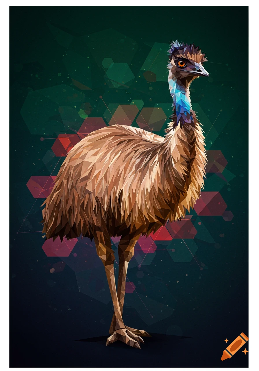 A striking geometric, low-polygon illustration of an emu with brown feathers and a blue neck standing against a dark, abstract background.