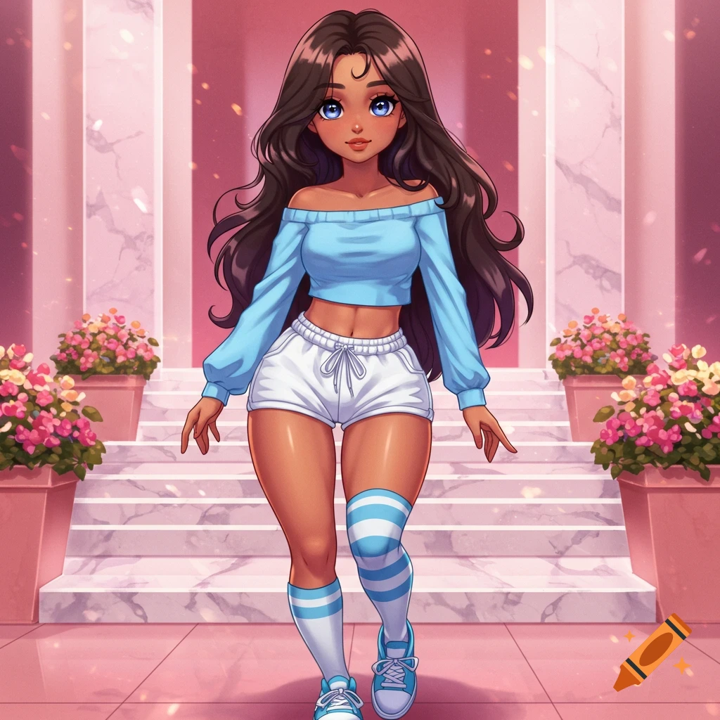 Anime girl in a blue crop top and white shorts stands on pink marble steps with flowers.
