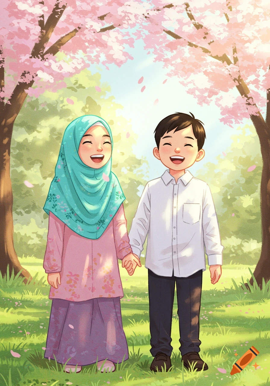 Smiling Muslim girl in hijab and boy holding hands under pink cherry blossom trees in a cartoon illustration.