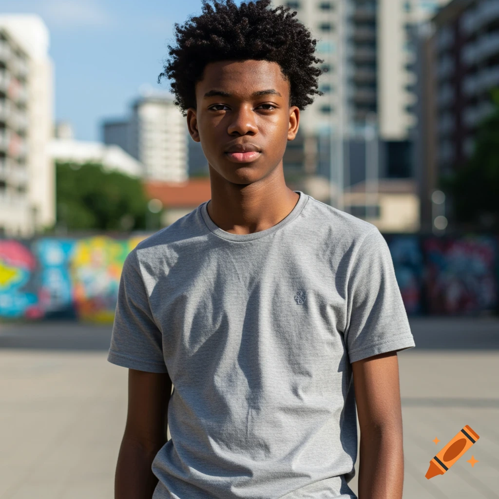 A young Black man with curly hair stands in a city square, wearing a grey t-shirt, with colorful graffiti and buildings in the background.