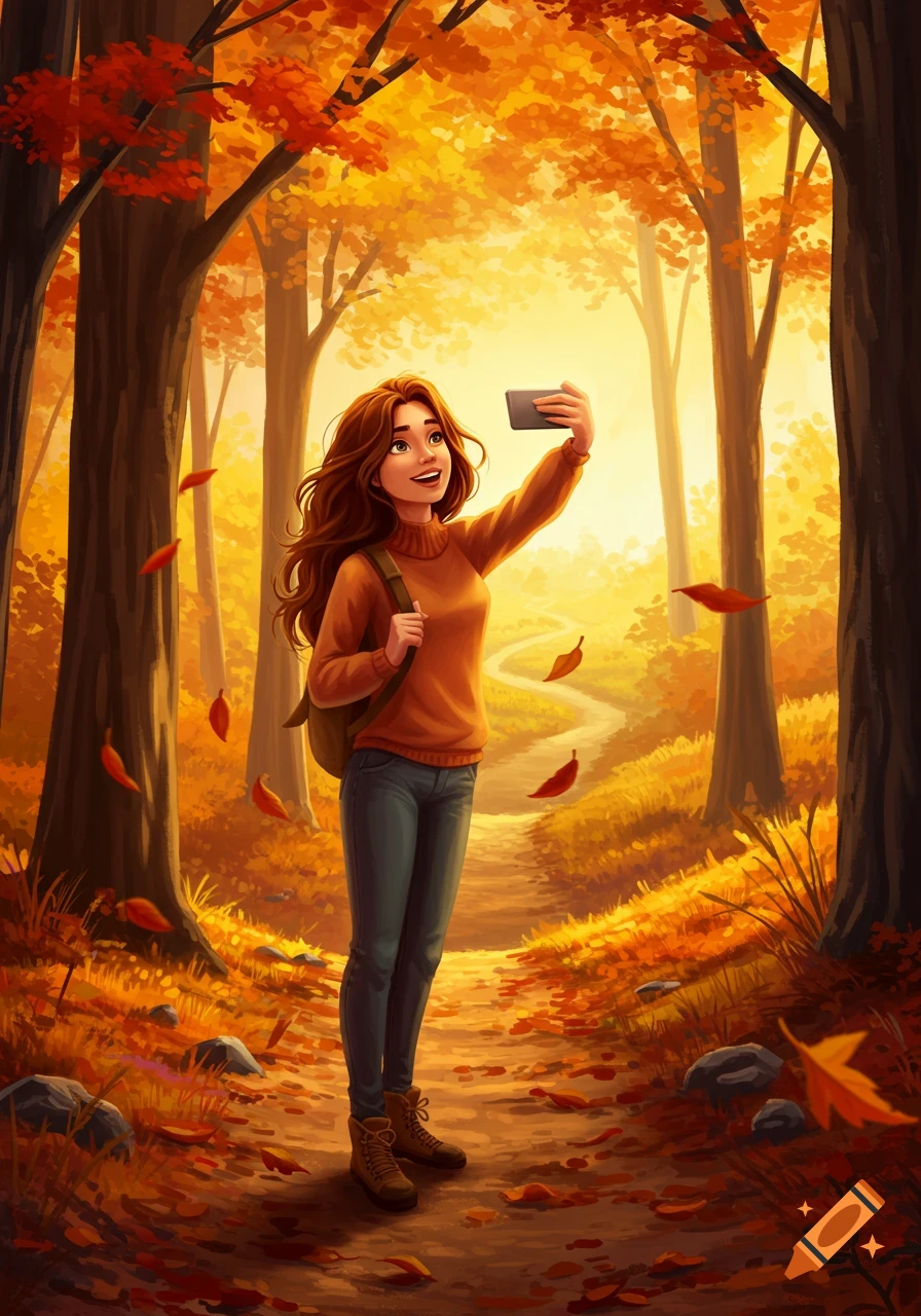 An illustrated woman with long brown hair in an autumn forest takes a selfie on a winding path.