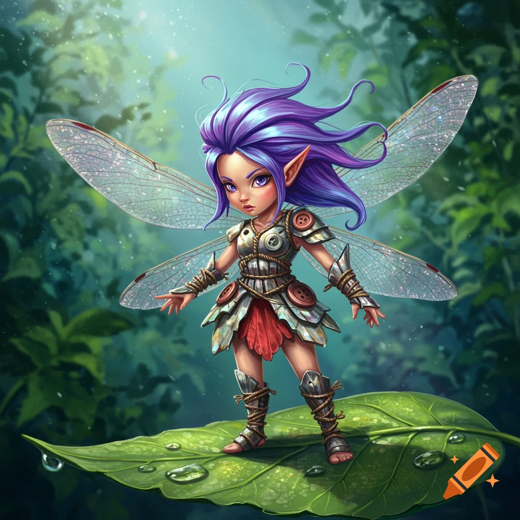 A small pixie with purple hair and dragonfly wings, wearing scrap armor, stands on a green leaf in a forest.