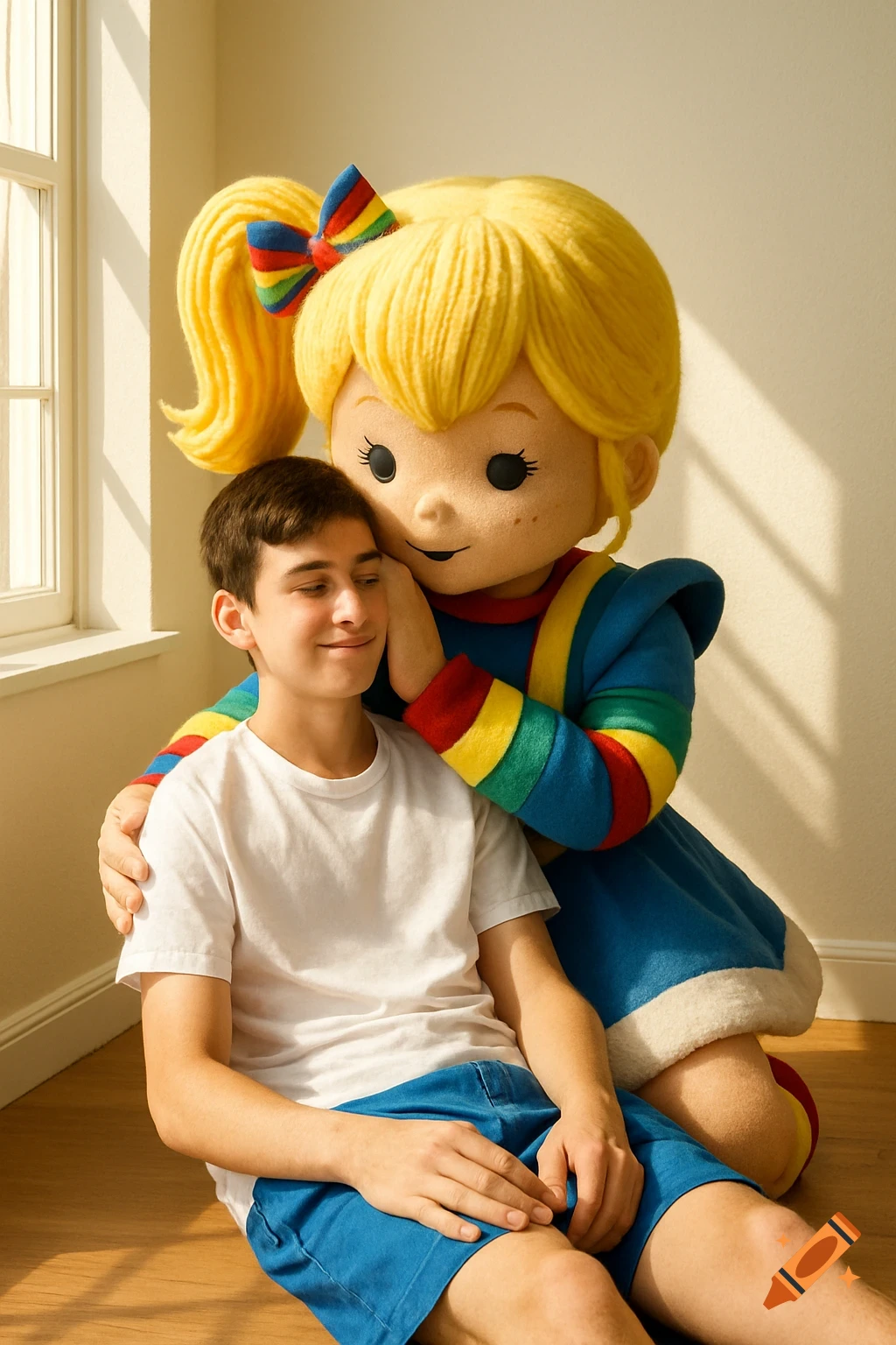A teenage boy in a white t-shirt and blue shorts is embraced by a Rainbow Brite mascot in a bright room.