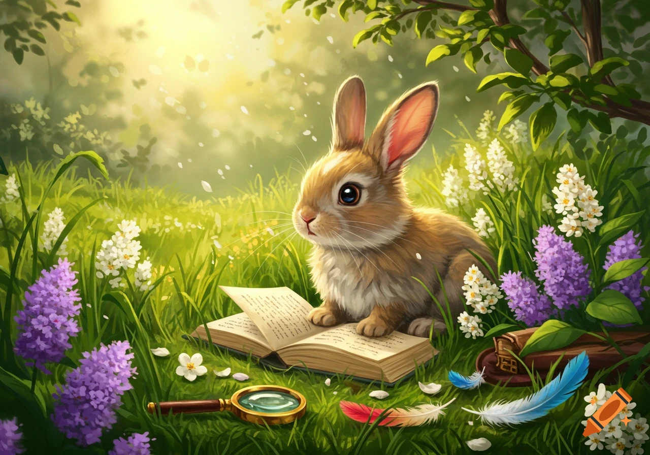 A cute brown bunny sits in a lush green field, reading an open book surrounded by purple and white flowers under bright sunlight.