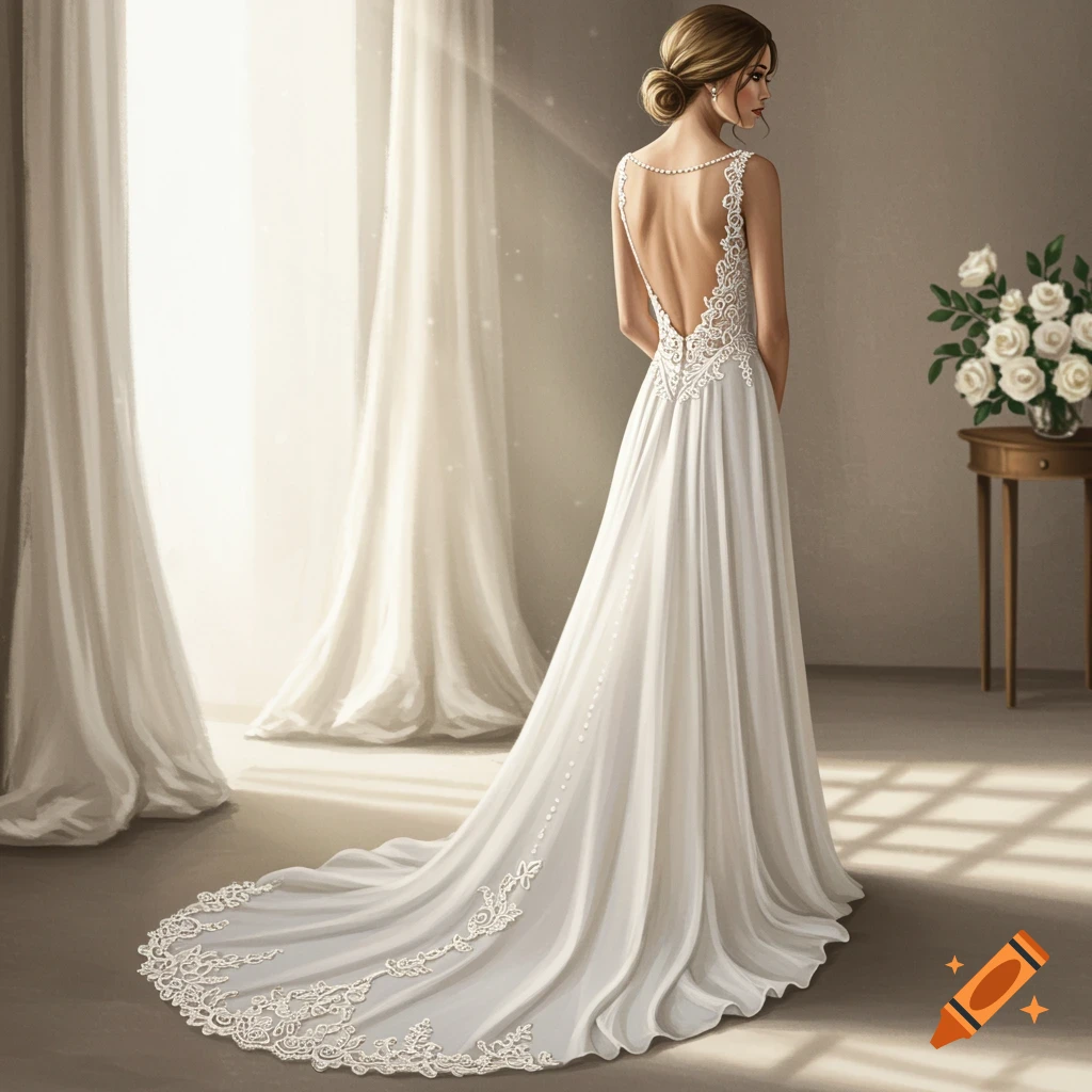 An illustration of a woman in a white wedding dress with a long train and open lace back, standing by a sunlit window.