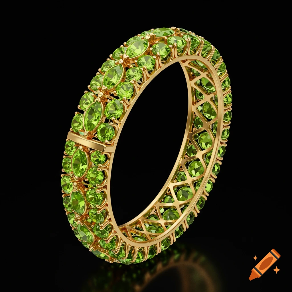 A gold bangle bracelet adorned with numerous bright green peridot gemstones, set against a dark background.