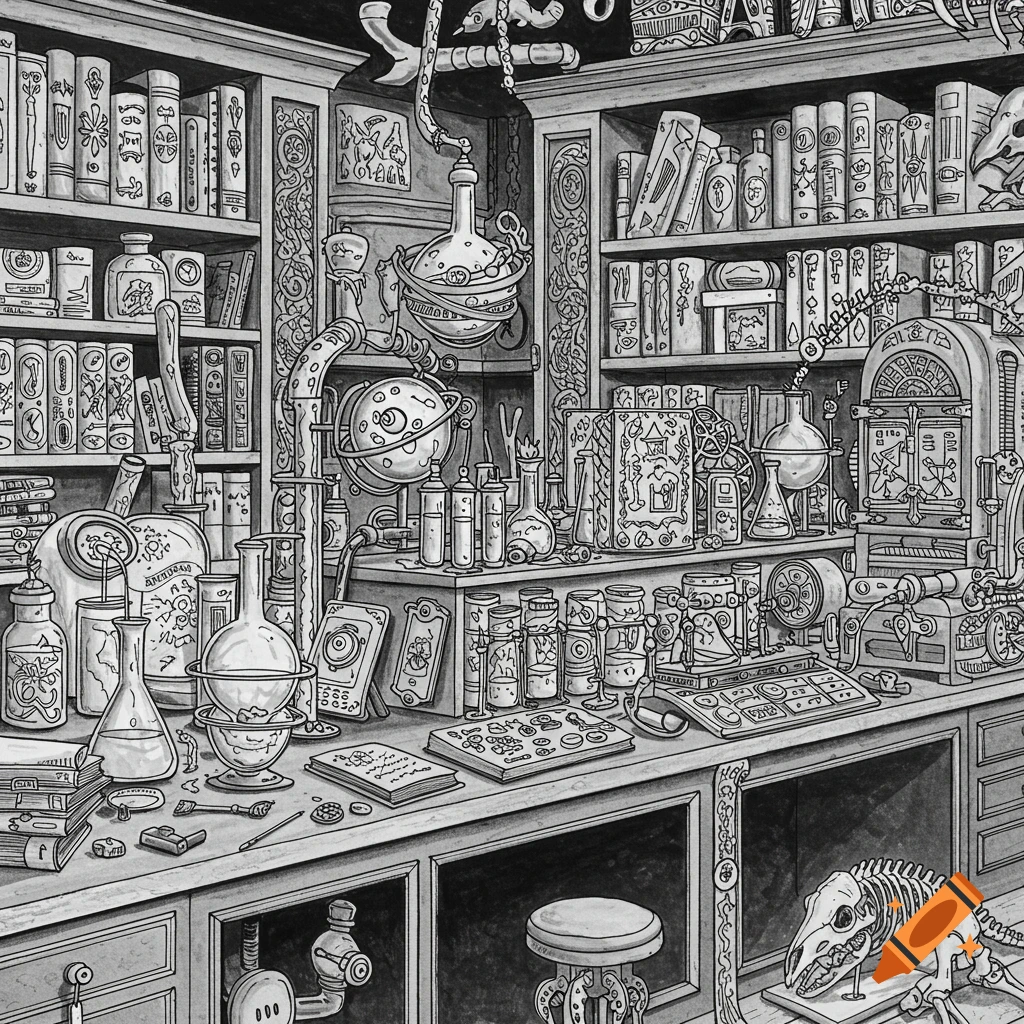 A detailed black and white illustration of a cluttered laboratory filled with books, beakers, flasks, gears, and various scientific instruments.