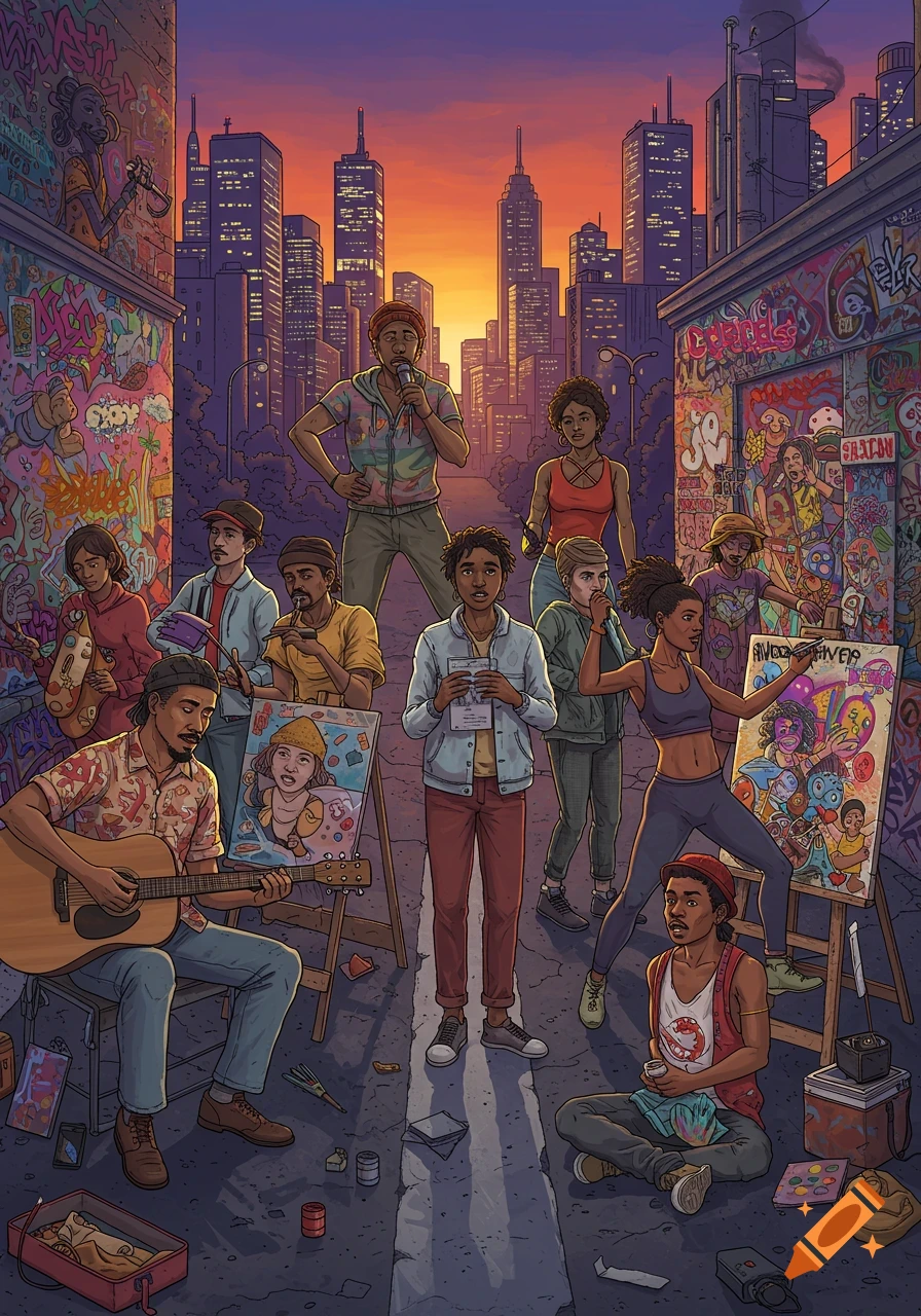 A diverse group of artists and musicians gather in a vibrant, graffiti-covered urban alleyway at sunset, with city skyscrapers in the background. The scene includes painters, a guitarist, and a singer.
