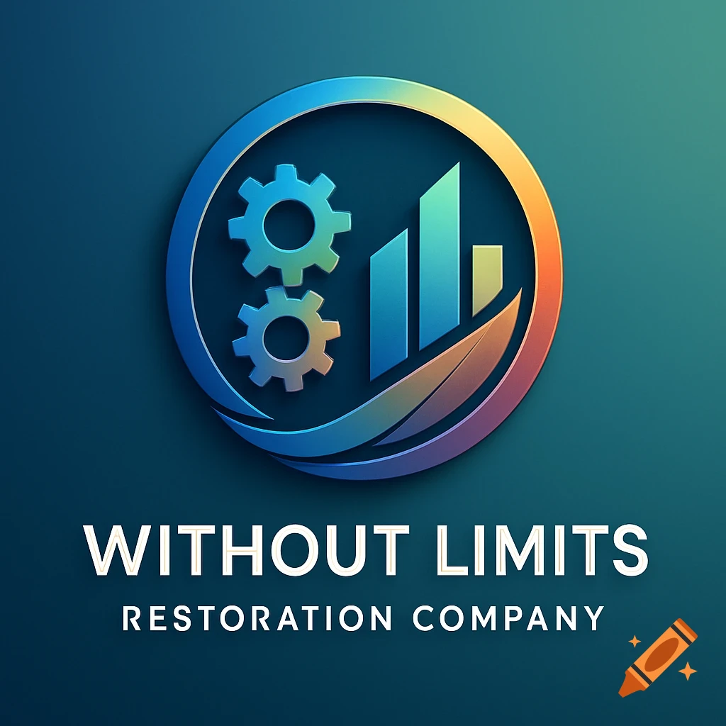 A vibrant gradient logo with gears, bar graphs, and the text 'Without Limits Restoration Company' below it.