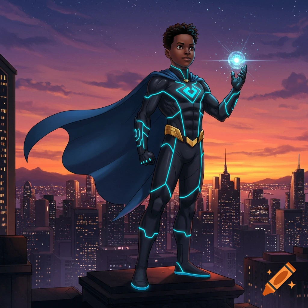 A young Black superhero in a black and blue suit with a cape, holding a glowing orb, stands on a rooftop overlooking a city at sunset.