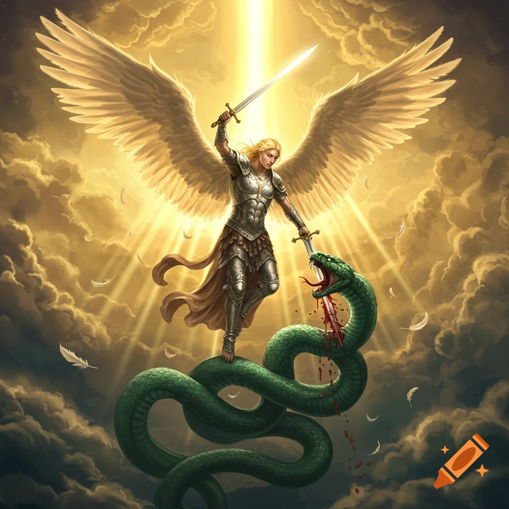 An armored angel with golden wings holds swords, one piercing a green snake that bleeds, set against a bright, cloudy sky.